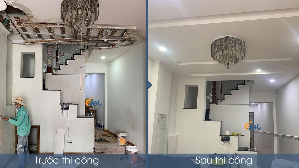 Phòng khách nhà anh Thuận trước và sau khi thi công